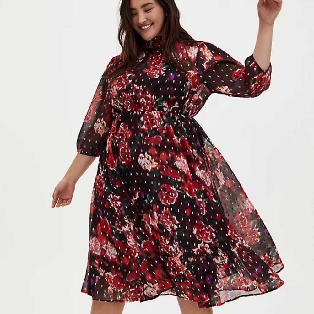 Torrid BURGUNDY PURPLE FLORAL CHIFFON MOCK NECK MIDI DRESS size 0X NWT
